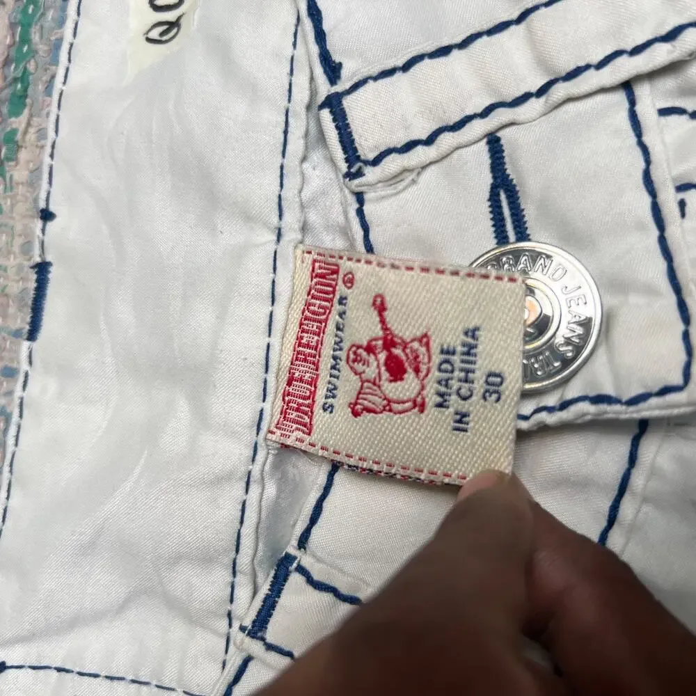 MENS VINTAGE TRUE RELIGION BOARD SHORTS SWIM TRUNKS BATHING SUIT 30 READ